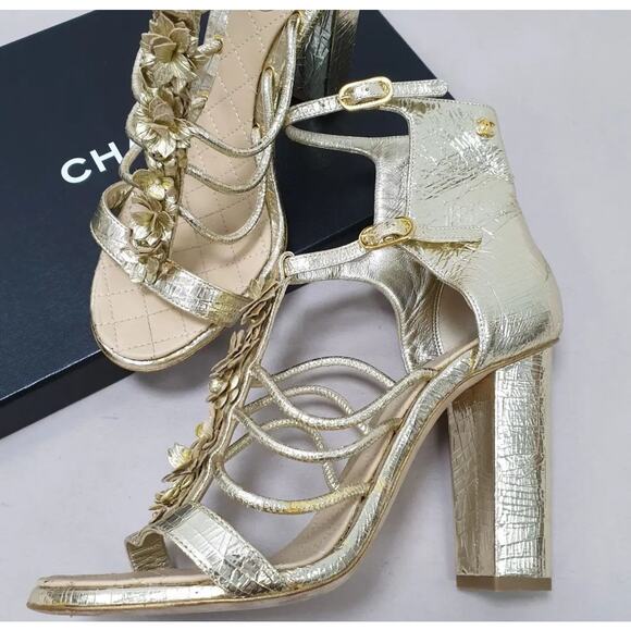 Chanel Gold Leather Camellia Ankle Strap Sandals - Size 40 - Picture 2 of 12